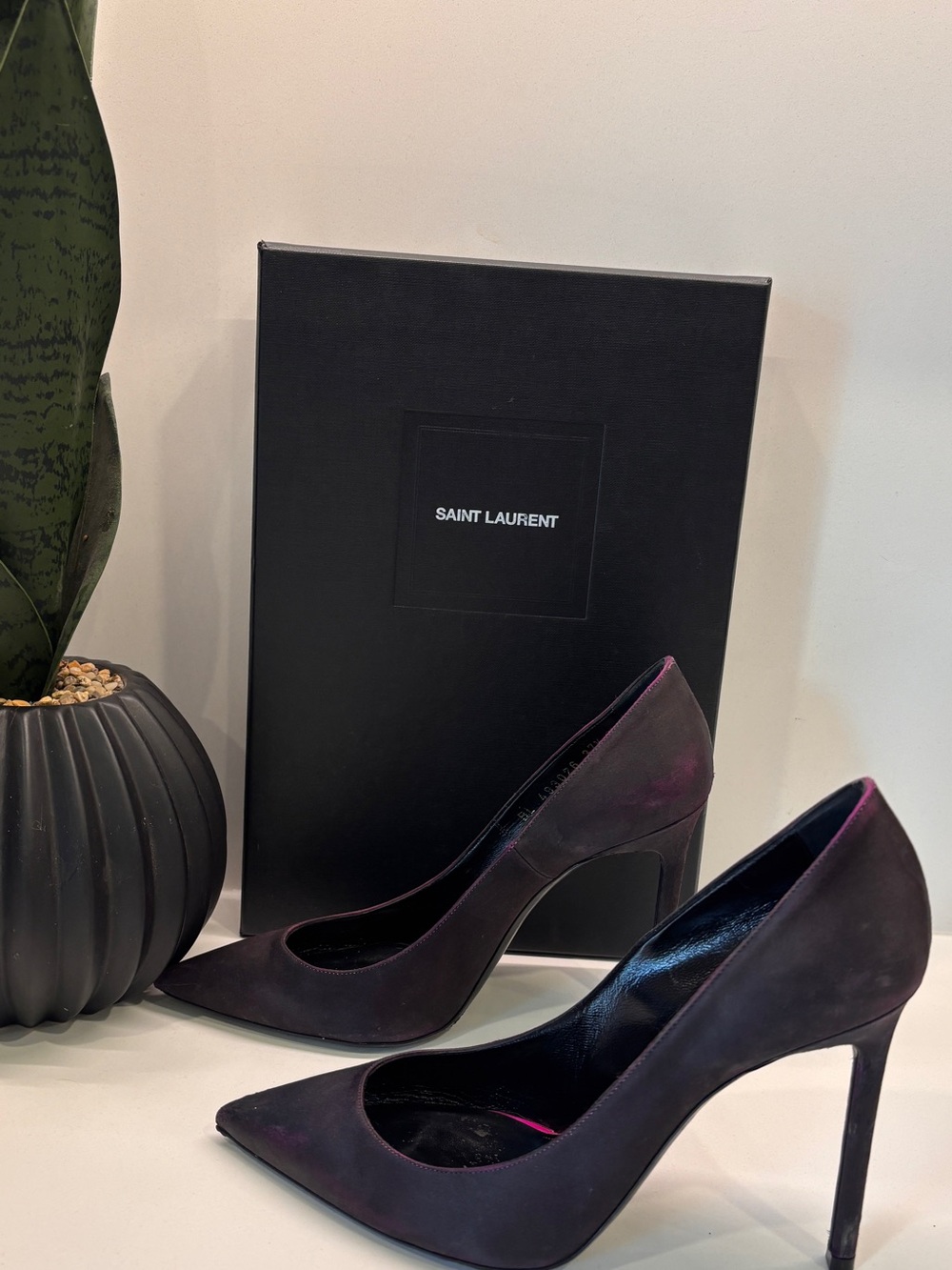 Saint Laurent Plum Suede Pointed-Toe Stiletto Pumps - Picture 2 of 10